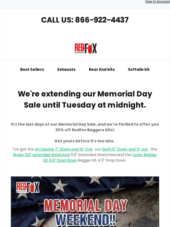 We're extending our Memorial  Day Sale!, and we're thrilled to offer you 30% off RedFox Baggers!