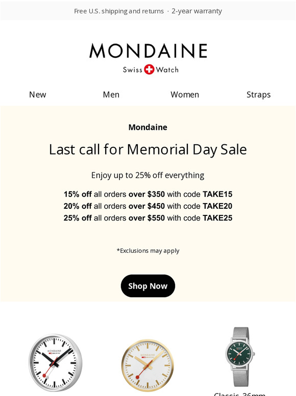 25% Memorial Day Savings at Mondaine