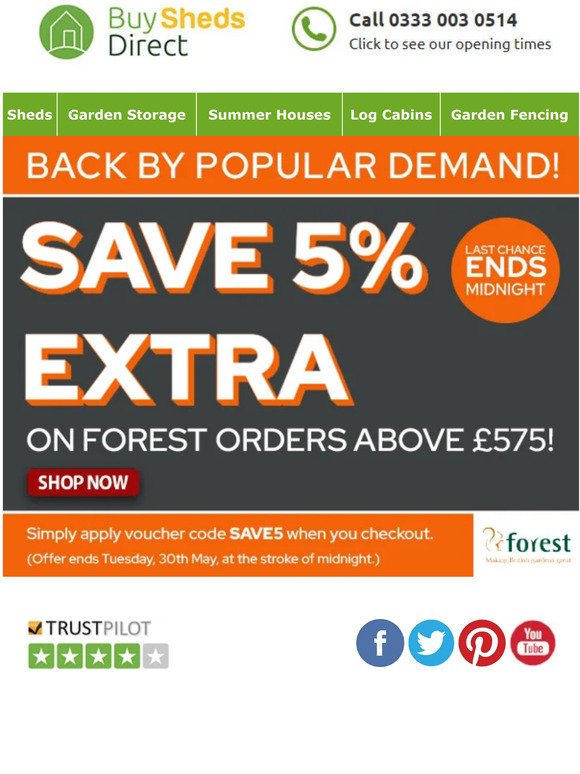 OFFER ENDS TONIGHT! Save 5% extra on Forest orders over £575!