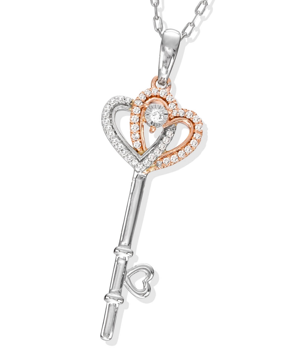 Two as One Round-Cut Diamond Hearts Key Necklace 1/10 ct tw 10K Two-Tone Gold 18in