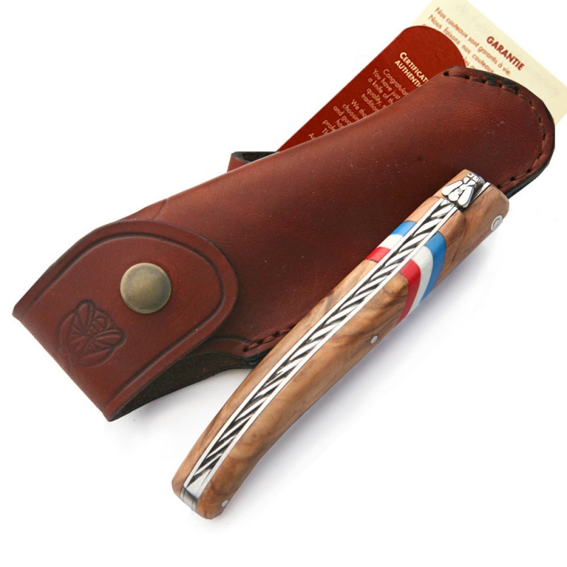 LAGUIOLE MANCHE EN BOIS D'OLIVIER AVEC DRAPEAU FRANÇAIS, 12 CM + ÉTUI CUIR MARRON