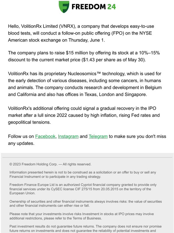 VolitionRx holds FPO