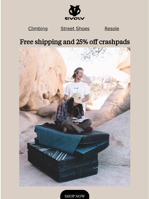 Free shipping and 25% off crashpads!