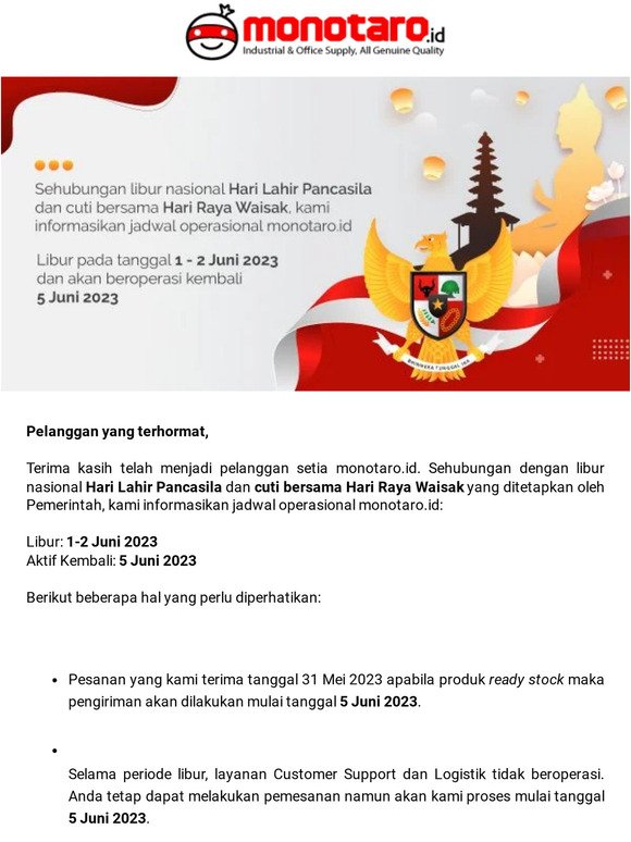 Info: Jadwal Operasional monotaro.id Libur Nasional & Cuti Bersama
