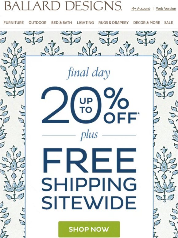 Last chance for 20% off + free shipping