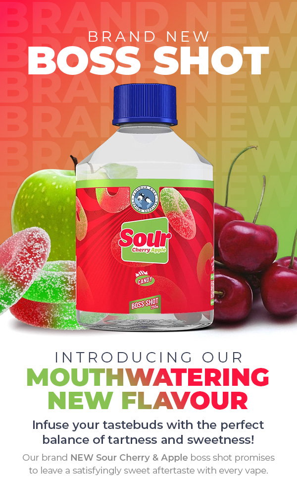 Brand new boss shot. Introducing our mouthwatering new flavour. Infuse your tastebuds with the perfect balance of tartness and sweetness! Our brand new Sour Apple & Cherry boss shot promises to leave a satisfyingly sweet aftertaste with every vape.