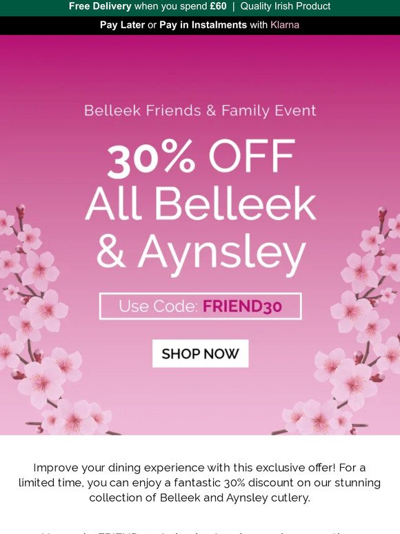 30% Off Belleek and Aynsley Cutlery