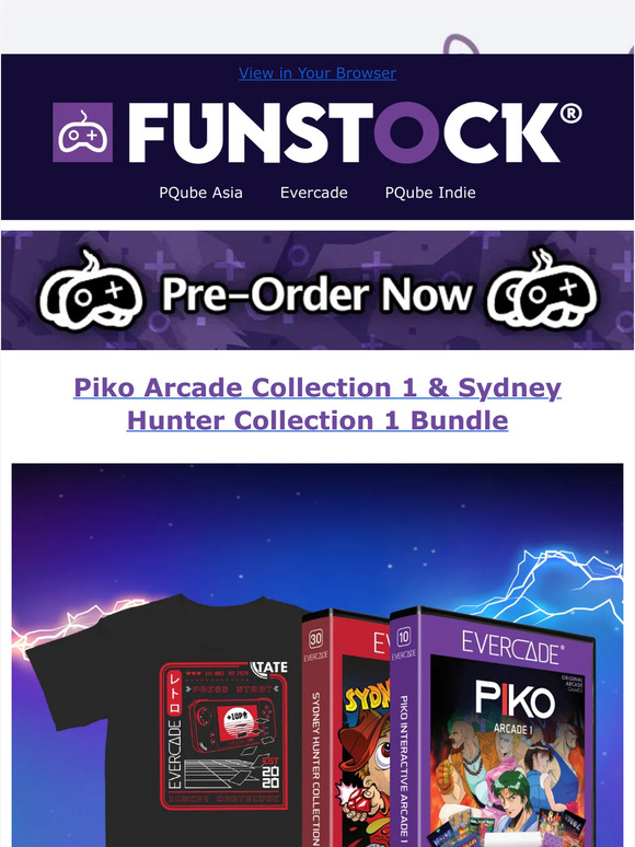 PRE-ORDER NOW: Piko Arcade Collection 1 & Sydney Hunter Collection 1 Bundle | NEW Evercade TATE T-Shirt