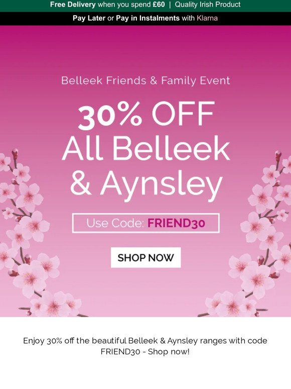 30% Off ALL Belleek & Aynsley