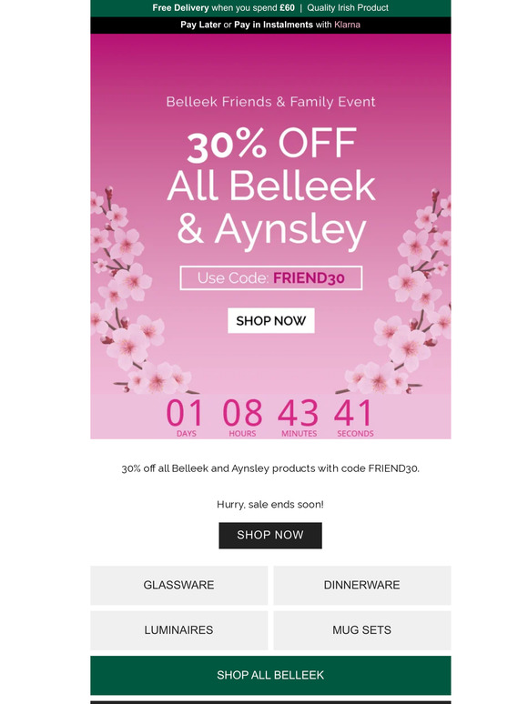 30% off all Belleek and Aynsley products with code FRIEND30