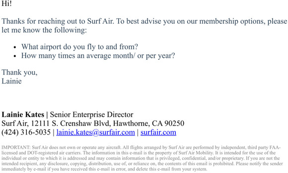 Surf Air options from Lainie