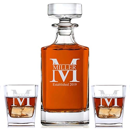 Image of Personalized 3 piece Whiskey Decanter Set - Decanter and 2 Glasses Gift Set - Custom Engraved (Miller Design)