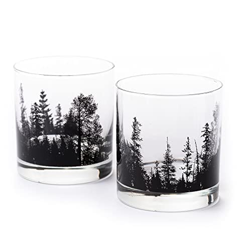Image of Black Lantern Whiskey Glasses – Cocktail Glasses and Glassware Sets, Old Fashioned Rocks Glass for Bourbon, Scotch, Whiskey, Forest Landscape Design, Set of 2 Glasses