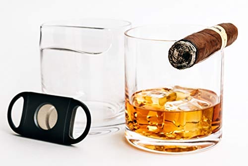 Image of Set of 2 Whiskey Glasses with Top Mounted Cigar Rest; Includes Cigar Cutter and eBook