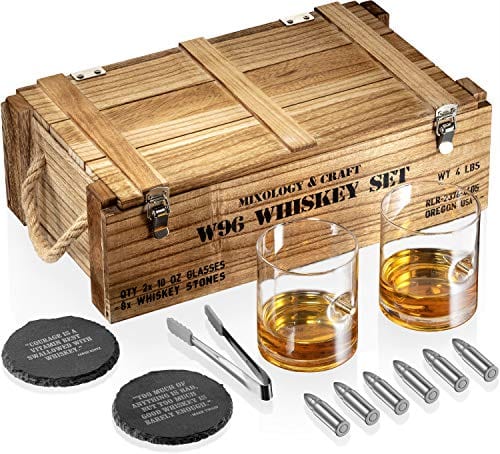 Image of Whiskey Stones Gift Set for Men | Whiskey Glass and Stone Set with Wooden Army Crate, 6 Stainless Steel Whiskey Bullets and 10oz Whiskey Glasses | Whiskey Lovers Gift For Men, Dad, Husband, Boyfriend
