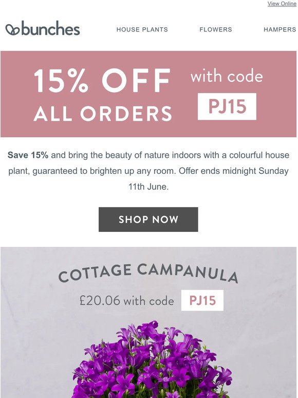 Save 15% on delightful house plants with code PJ15