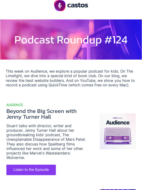 A popular kids' podcast, a book club podcast, review of website builders, and how to record a podcast with QuickTime