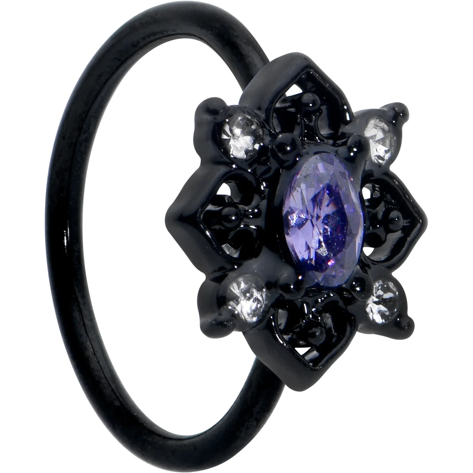 Image of 20 Gauge 5/16 Purple Gem Black Scrolling Hearts Nose Hoop