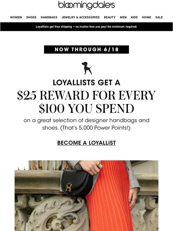Loyallists: Get a $25 Reward for every $100 spent on designer handbags & shoes
