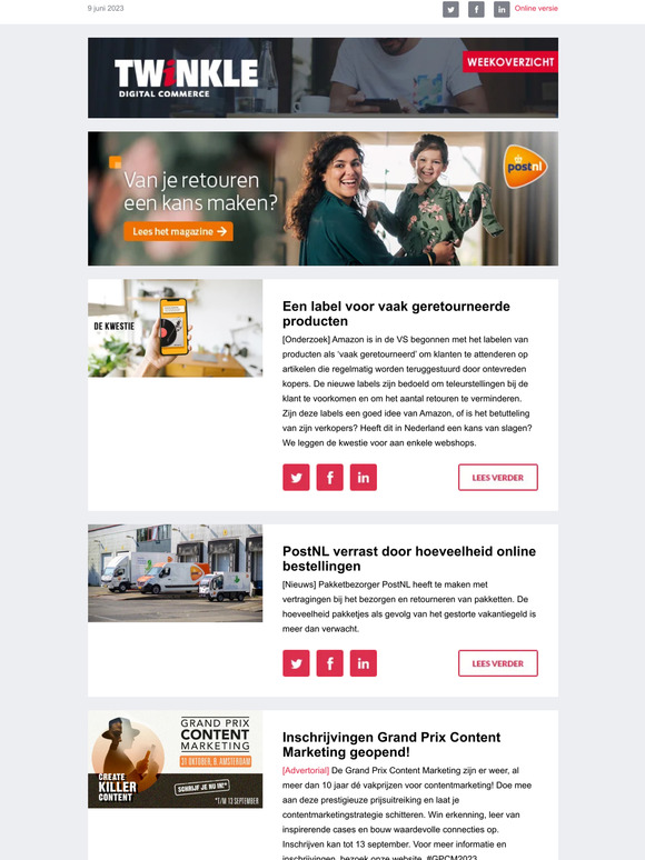 WEEKOVERZICHT: Kwestie: Een label voor vaak geretourneerde producten, PostNL verrast door hoeveelheid online bestellingen, Vinted, Aldi, Nieuw in de markt: Bloshing, Nederlander op 1, Mollie, Thuisbezorgd.nl, Starbucks, Amazon, Europarcs, Intersport