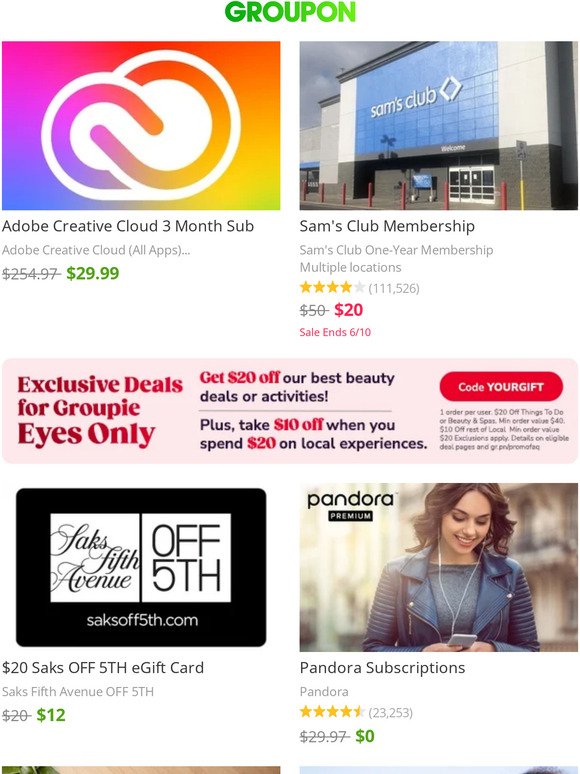 Adobe Creative Cloud 3 Month Sub | Sam's Club Membership | $20 Saks OFF 5TH eGift Card
