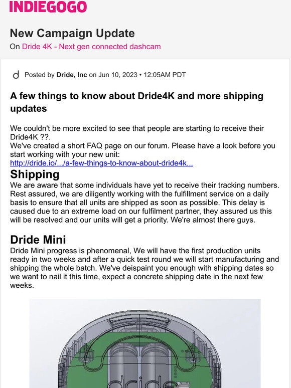 Indiegogo: 📢 Update #25 from Dride 4K - Next gen connected dashcam | Milled