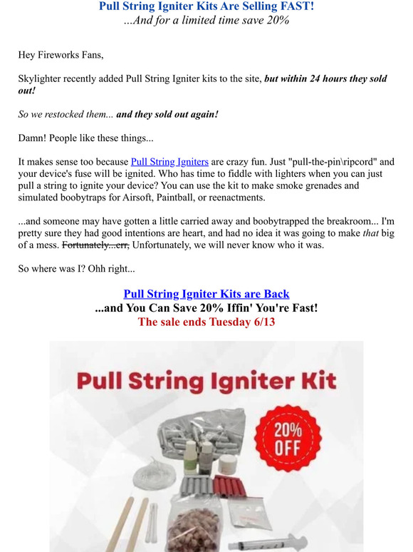 Fireworks & Pyro Projects Ebook: [Skylighter] Pull String Igniter Kits ...