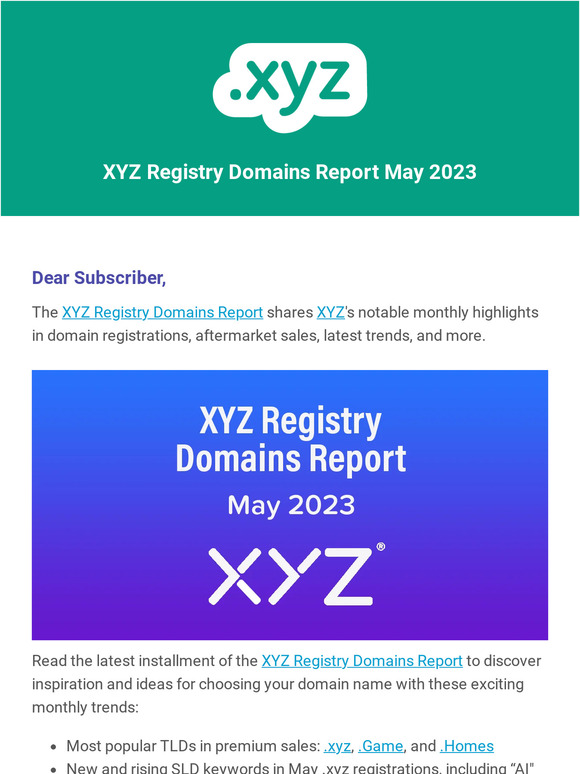 Don't miss the XYZ Registry May Domains Report, feat. AI in the top spot