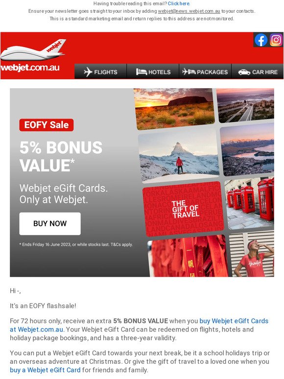 EOFY Sale: Score 5% bonus value on Webjet eGift Cards!