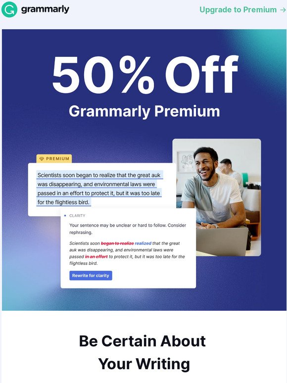 50% off superior writing assistance.
