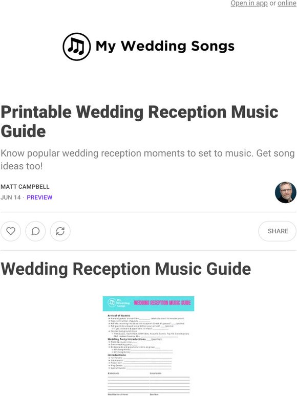 Printable Wedding Reception Music Guide