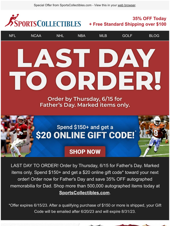 Last chance for Father's Day Delivery + 35% Off, Free Shipping & $20 code