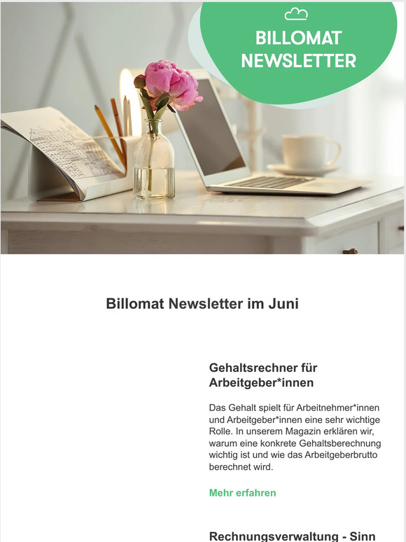 Billomat Newsletter: Gehaltsrechner für Arbeitgeber*innen, KI in der Finanzbranche und Rechnungsverwaltung mit einer Rechnungssoftware.