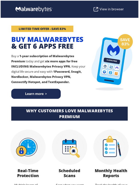 Malwarebytes: Buy Malwarebytes Premium Get 6 extra apps Save 83% | Milled