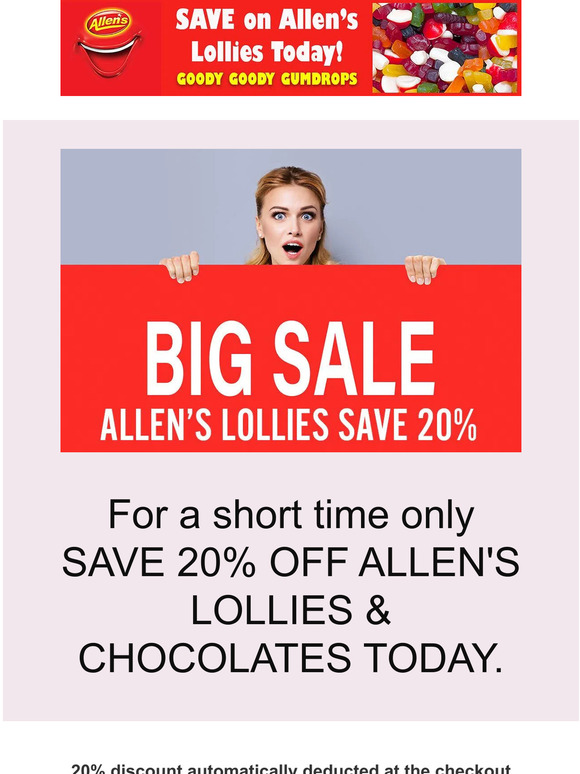 Back Again foe EOFY SALE - SAVE 20% OFF ALLEN'S LOLLIES & CHOCOLATES TODAY