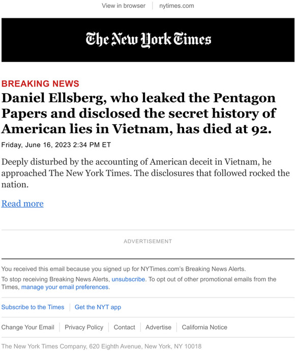 The New York Times Breaking News Daniel Ellsberg, who leaked the
