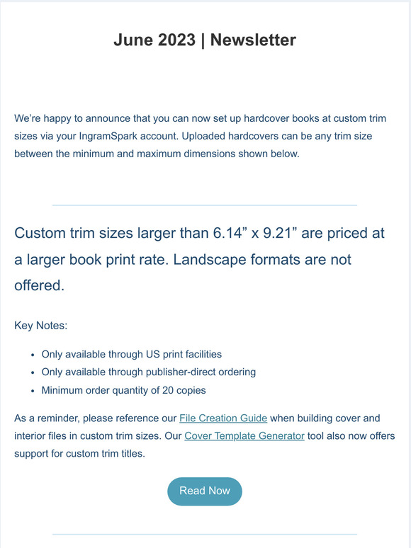 IngramSpark (Global) 📚Hardcover custom trim sizes now available, ALA