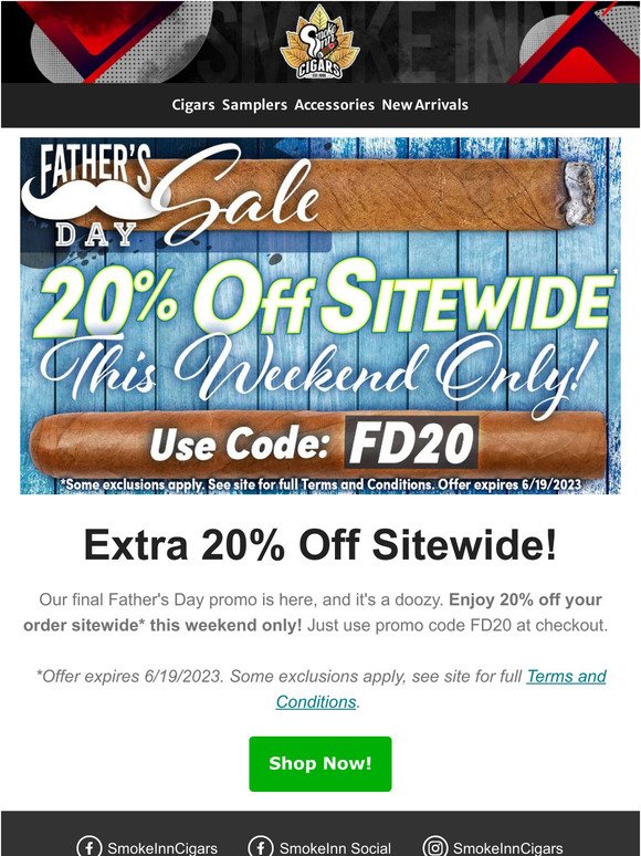 Extra 20% Off Sitewide - Father's Day Weekend Only!