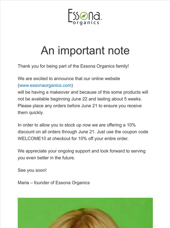 Essona Organics - Order this week for discount - Important Note and deadline