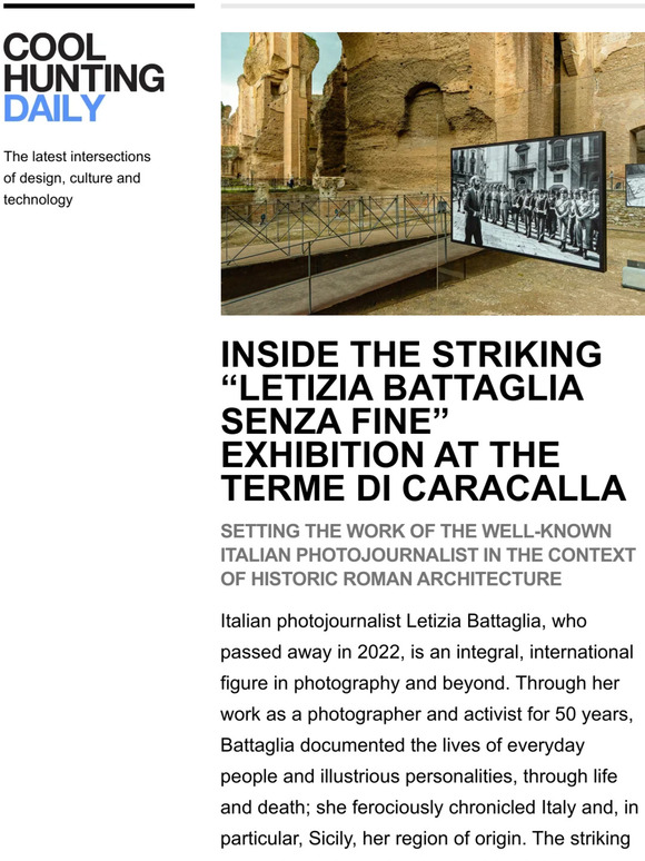 Imagery by acclaimed Italian photojournalist Letizia Battaglia suspended in Rome's Baths of Caracalla