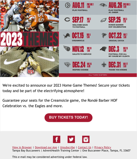 Buccaneers Announce 2023 Home Game Themes, Including Creamsicle Uniforms  and Rondé Barber HOF Game