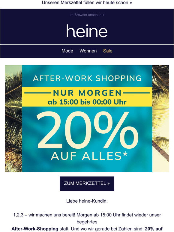Heine: Morgen 20% auf alles beim After-Work-Shopping 💌 | Milled