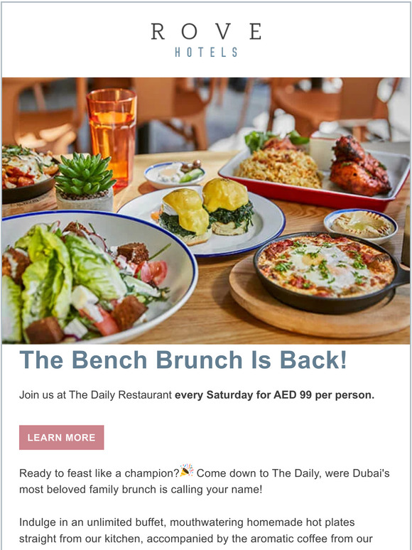 Rove Hotels The Bench Brunch is Back at Rove! Milled