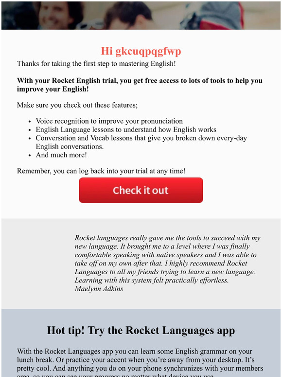 Hello —, Learn English with your Rocket English free trial