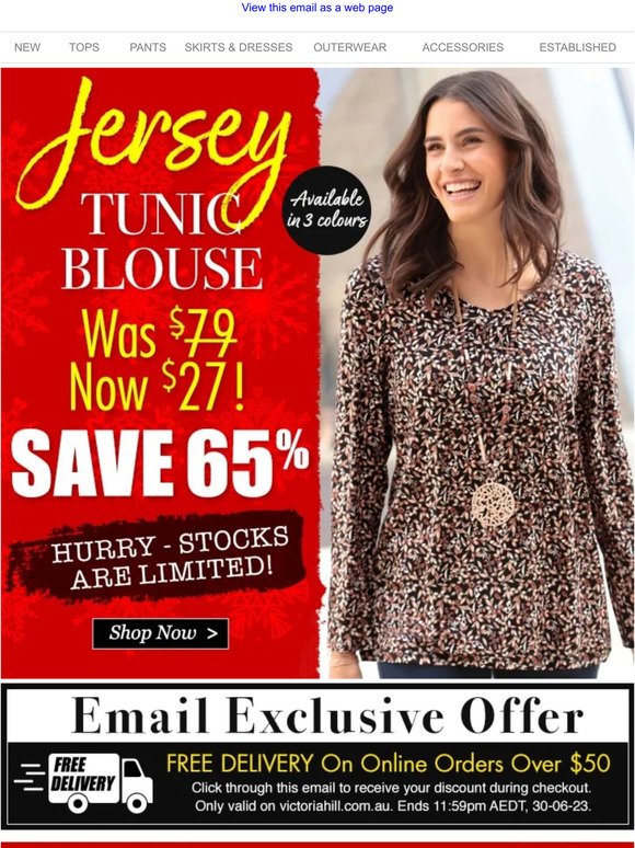 On SALE NOW! 65% Off! Jersey Tunic Blouse!