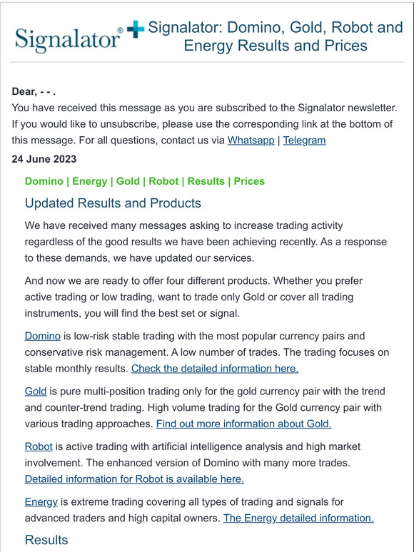 Signalator: Domino, Gold, Robot and Energy Results and Prices