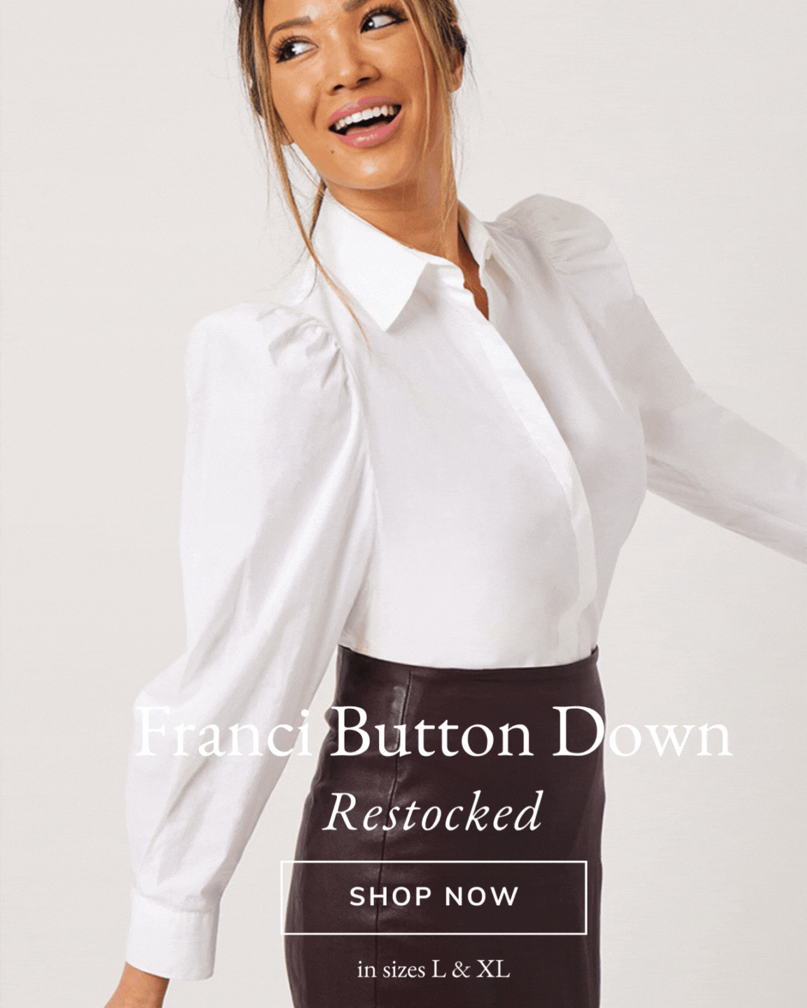 Woman wearing white puff sleeve button down and dark brown leather skirt gif // PerfectDD