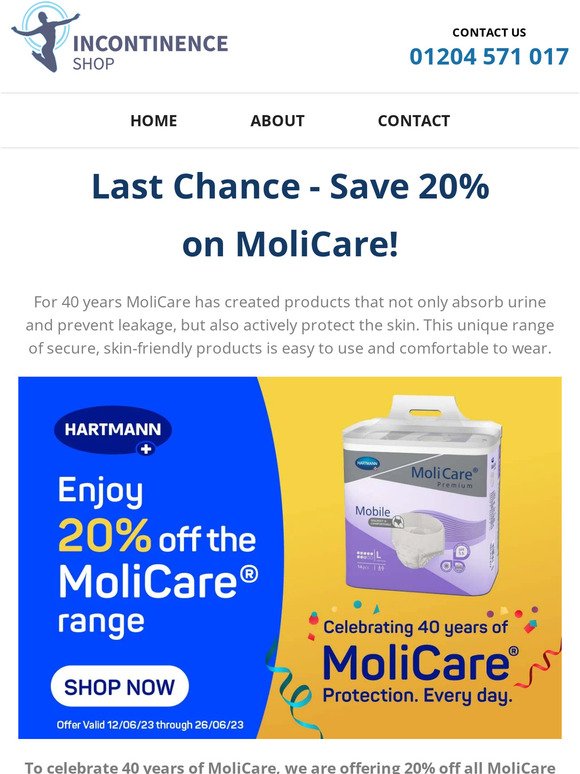 Last Chance to save 20% on MoliCare!