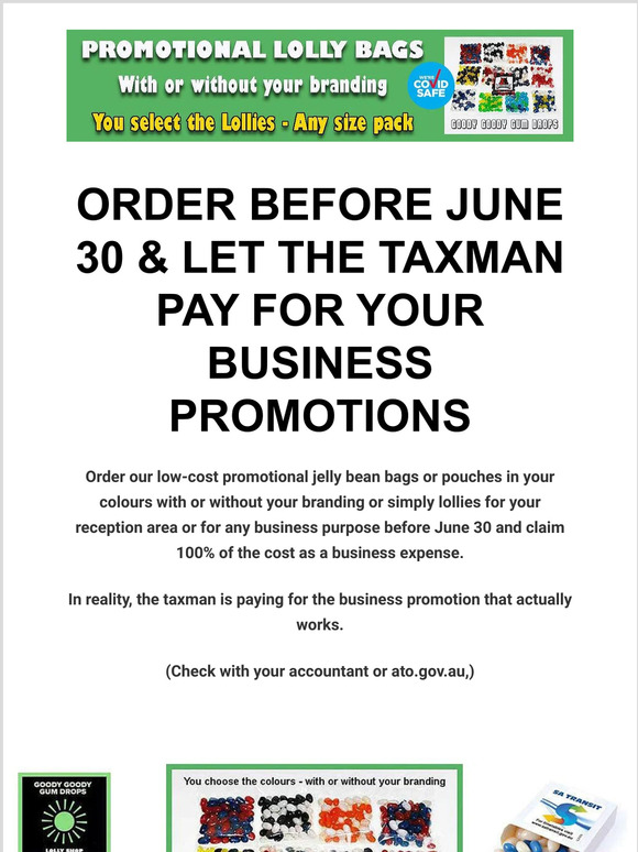 HURRY - EOFY Low-Cost Promotional Lolly Bags in your colours.