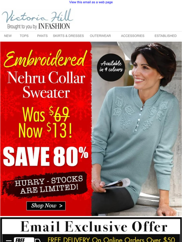 On SALE NOW! 80% Off! Embroidered Nehru Collar Sweater